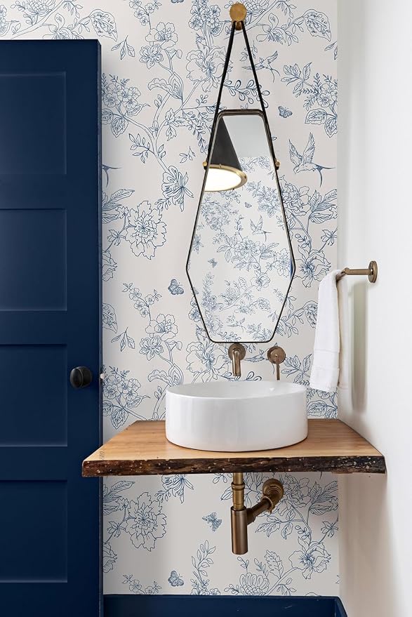 Froluya Cream White and Blue Peel and Stick Wallpaper Floral Contact Paper | 17.7in×590.5in Blue Floral Wallpaper Peel and Stick Vintage Flower Bird Self Adhesive Removable Wall Paper for Bathroom Vinyl - Image 2