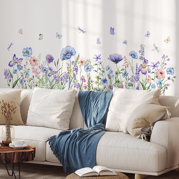 2 Pieces Purple Flowers Wall Decals Vinyl Purple Flowers Wall Stickers Removable Floral Art Murals Peel and Stick Colorful Decor for Girls Bedroom Living Room Nursery by Incholl