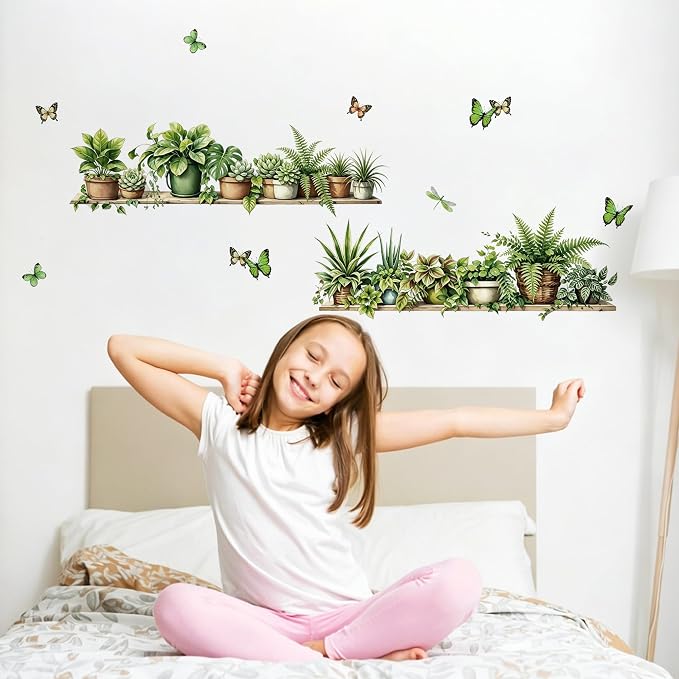 3D Green Potted Plant Wall Decals - Tropical Butterfly Leaves Vinyl Wall Stickers, Peel and Stick, Removable, Wall Art - for Living Room, Bedroom, Tv Background, Home Office, and Wall Mural - Image 6
