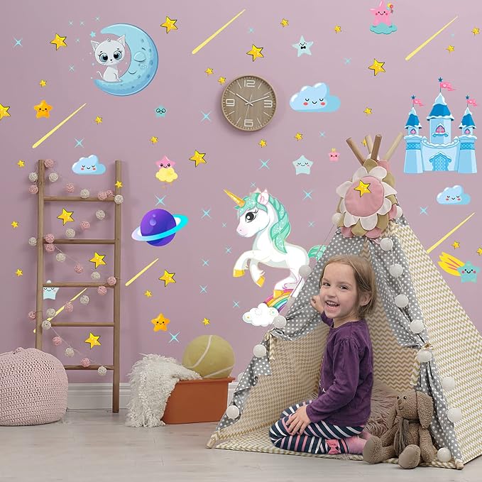 Glow in The Dark Unicorn Stickers, 206 pcs Cats and Moon Wall Decals, Glowing Castle Clouds Ceiling Decor for Kids Bedroom, Stars and Rainbow Wall Decor for Girls and Boys Gift - Image 2