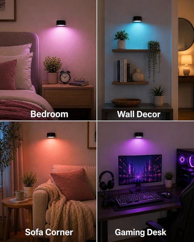 Rechargeable RGB Wall Sconces with Remote, Dimmable 360° Lights | 80 RGB Colors, 3 Color Temperatures, Remote and Touch Control, Ideal for Gaming Rooms and Bedrooms - Image 4
