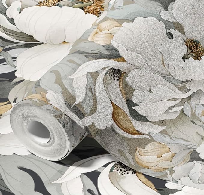 MuralPeel White Poppies Floral Modern Grey Peonies Flowers Peel and Stick Wallpaper Self Adhesive Removable Easy Peel Off Stick on Wall Paper for Bedroom Renter - Image 3