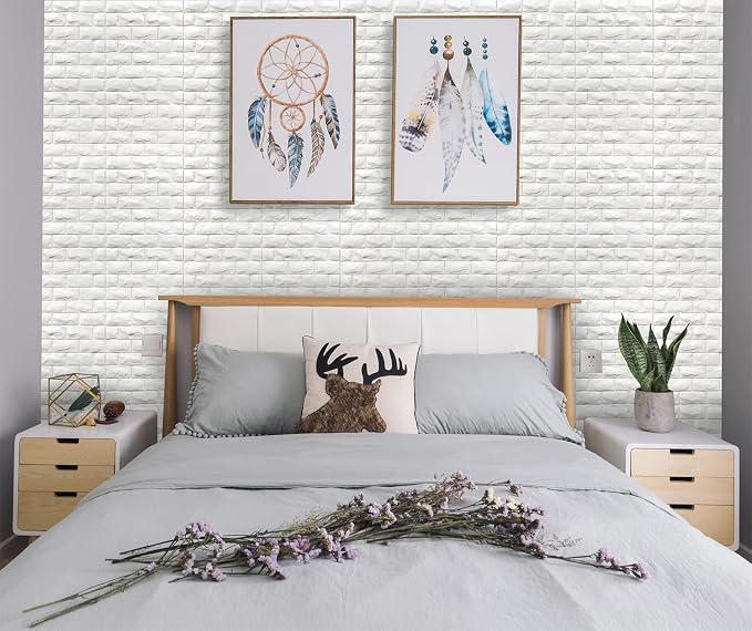 YU LI 3DH 3D Wall Panels Peel and Stick 30PCS White Foam Brick Wallpaper for Bedroom Faux Stone Wall Panel Self-Adhesive Wallpaper (30PCS-29 Sq Ft, White) - Image 3