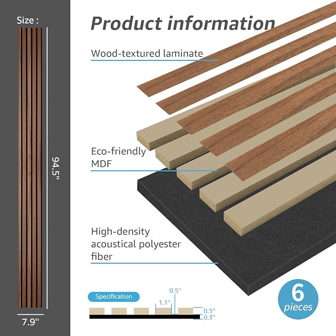 Art3d 6-Pack Soundproof Wood Slat Wall Panels, 94.5 x 7.9 Inch, Walnut | Wood Grain Finish, Effortless Setup, Sustainable, Long-Lasting, Noise Reduction, Easy Care, for Living Room, Bedroom, Office - Image 4