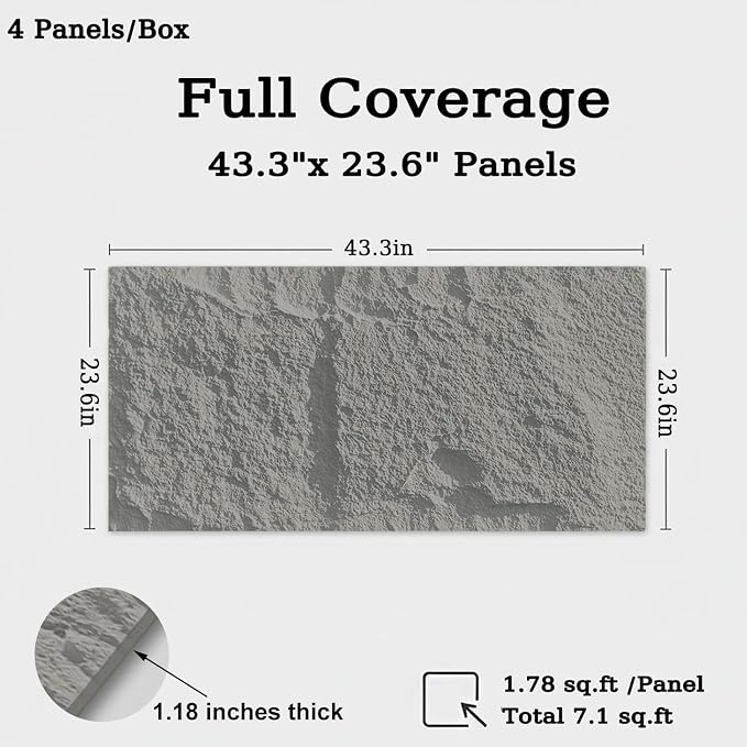 3D Faux Stone Wall Panels， 4 PCS PU Wainscoting Panel 47.2" x 23.6"×1.18 | Light Gray - Image 2