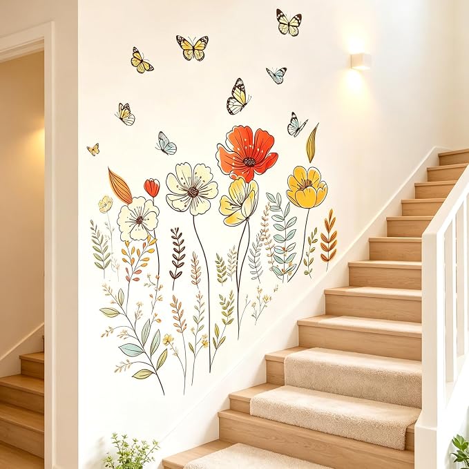Boho Floral Flowers Wall Decals, Wildflower Butterfly Plants Wall Stickers | Rustic bohemia flowers leaves peel and stick wall decor, removable vinyl wall art mural decoration for bedroom living room - Image 5