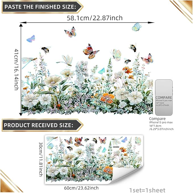 Watercolor Wildflower Wall Decals, Peel and Stick Floral Border Stickers with Colorful Butterflies Baseboard, Removable Botanical Wall Art for Bedroom, Nursery, Living Room and Staircase Decor - Image 6