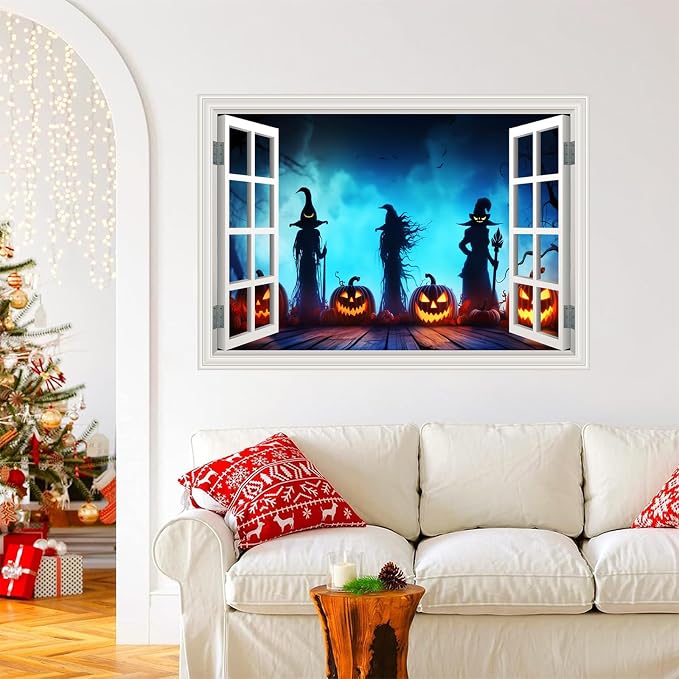 Halloween Fake Window Wall Decals Creepy Three Witches Pumpkin Art Sticker | ｜Faux Window Terror Spooky Ghosts Landscape Mural ｜ Stick and Peel Wall Decal｜for Halloween Room Scene Picture Decor｜24"x16" - Image 7