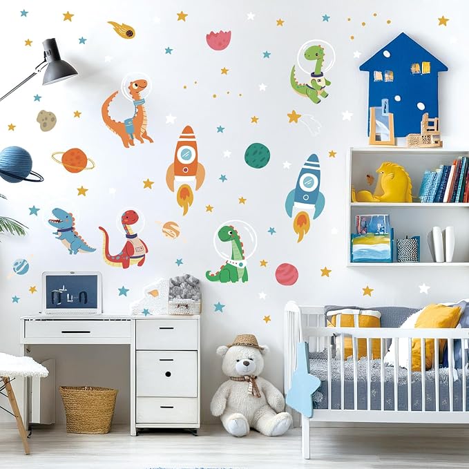 LHIUEM Cute Dinosaurs Astronaut Decal for Nursery,Outerspace Rocket Double Sided Window Clings,Solar System Classroom stickers,Planets Galaxy Gift for Kids Room,Transparent Celestial Stars Wall Decals - Image 2