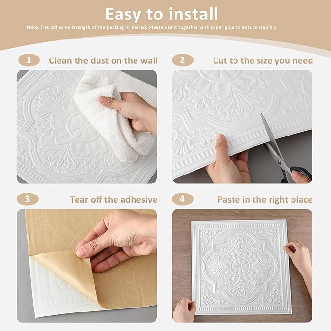 Nuanchu 40 Pcs 13.8 x 13.8 Inch Ceiling Tiles Peel and Stick, Exquisite | Foam White 3D Wall Panels 26-105.5 Sq. ft Adhesive Glue up Waterproof Wallpaper for DIY Office Home - Image 3