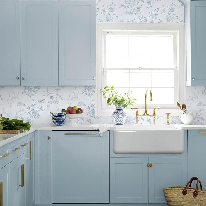 Ismoon Blue Wallpaper Peel and Stick Floral Vintage Stick on Wall Paper French Textured Contact Paper for Cabinet Removable Self Adhesive Wallpaper Vinyl Roll Shelf Deco, 17.3x787in - Image 8