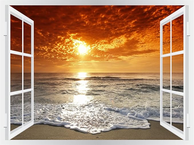 Self-Adhesive Wall Sticker Romantic Living Room Bedroom Study Office Decorative Wall Sticker Ocean Scenery Fake Window Sticker Mural (36"×48", Sunset Beach) by THNWSY