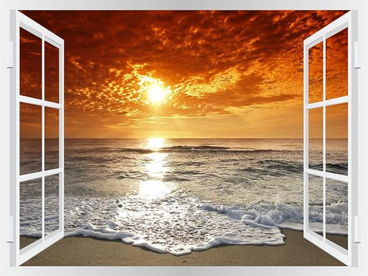 Self-Adhesive Wall Sticker Romantic Living Room Bedroom Study Office Decorative Wall Sticker Ocean Scenery Fake Window Sticker Mural (17.3"×27.6", Sunset Beach) by THNWSY