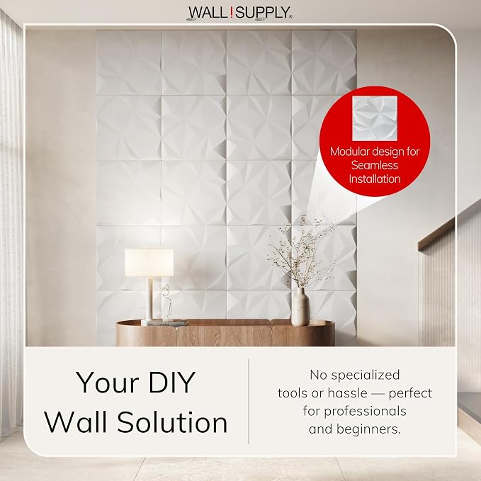 Wall!Supply 3D Geo Lite Wall Panels, 12-Pack, White | Lightweight XPS Foam, Wallpaper Alternative, Easy DIY Installation, Covers 32.29 Sq Ft, for Living Room, Bedroom, Office - Image 2
