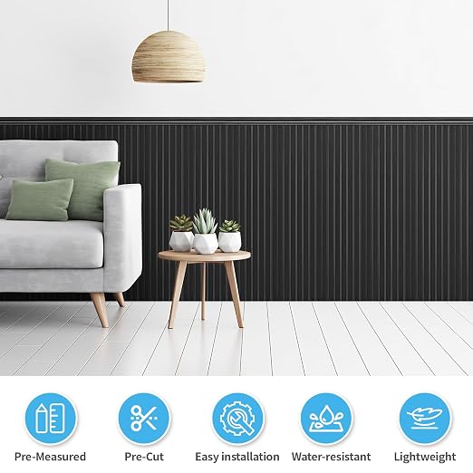 Art3d Beadboard Wainscoting Wall Panel Kit, 37.8 x 9.84 Inch, Matte Black | 12-Piece Panels + 4 Edge Trims, 31 Sq.Ft. Coverage, Lightweight, Water-Resistant, Easy to Trim, for Living Room, Bedroom - Image 4