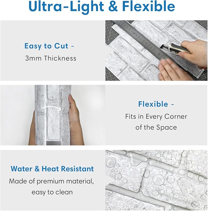 COMSTICKC 3D Faux White Brick Wall Panels Peel and Stick Wall Stickers | 10 Pcs of 11.8" x 11.8", with Gray Spots Design, Small Size Thin PVC Fake Brick Adhesive Wall Covering Backsplash Decor - Image 4