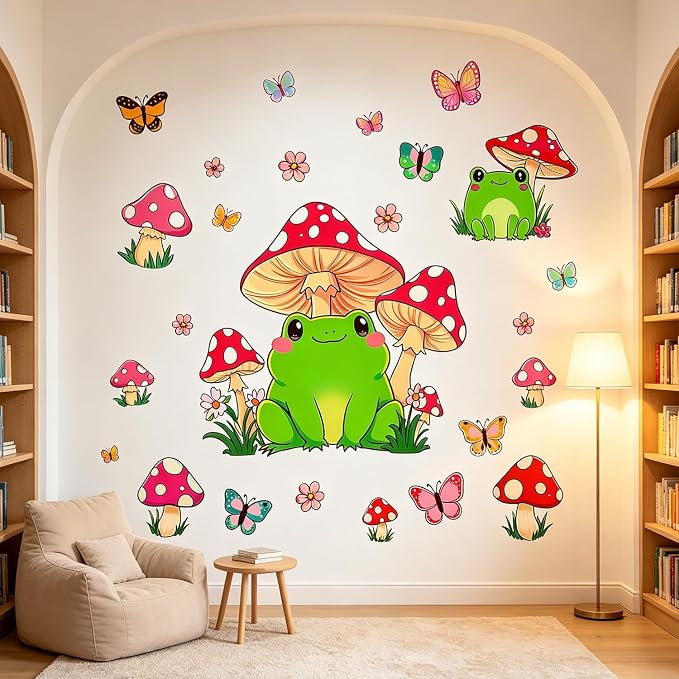 Frog Mushroom Butterfly Wall Decals, Floral Flowers Nursery Wall Stickers | Adorable forest butterflies flowers peel and stick wall decor, removable vinyl wall art mural for kids bedroom preschool by VePret