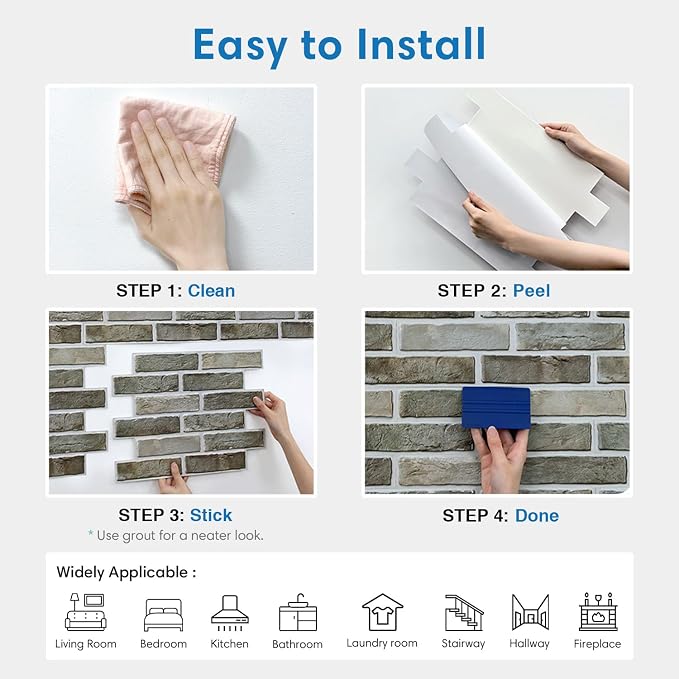 COMSTICKC 3D Faux Brick Wall Panels Peel and Stick Decorative Tiles Sticker | Vintage Green-Gray, 10 Pcs 15.7" x 11.8", Not Real Brick, PVC Fake Brick Tiles for Easy DIY Interior Decor, Cover 12.9 sq ft - Image 8