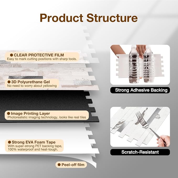 Peel and Stick Backsplash Tile Waterproof Removable PVC Wall Sticker 3D Faux Stone Marble Brick White Accent Panels (Polished Eurasia Silver - Gray, 20 Tiles - 9 sq. ft. (0.84 M²)) - Image 6