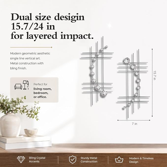 ZEXUIRU 2 Pcs Abstract Metal Art for Wall Decor Living Room Bedroom Bathroom Office Metal Bling Modern Geometric Hanging Vertical Small Iron Sculpture Plaque Pack -Silver 15.7in - Image 3