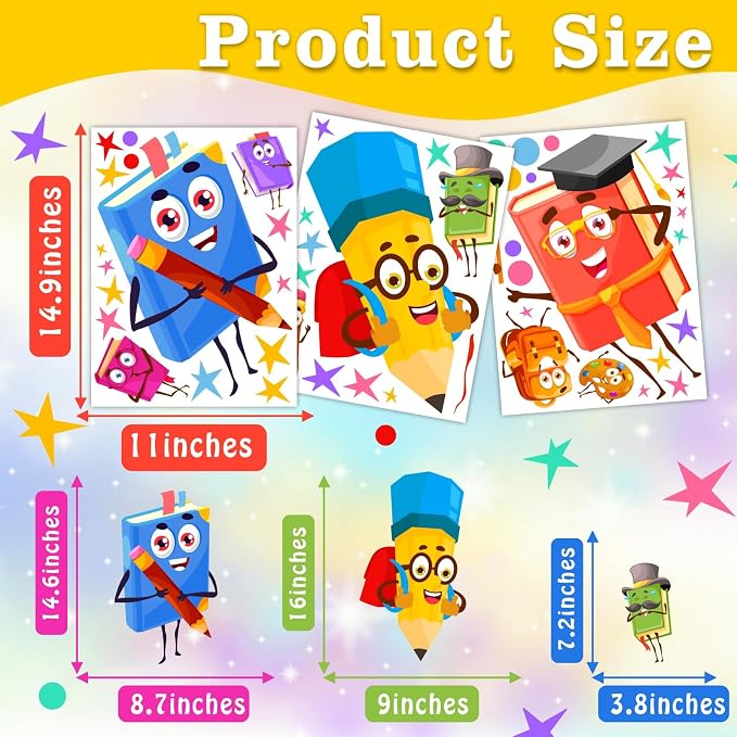 Cartoon Book Window Clings Colorful Double Side Kids Stickers for Classroom | Non-adhesive back to school stickers for glass funny static clings decoration pencil decals for nursery playroom door library - Image 4