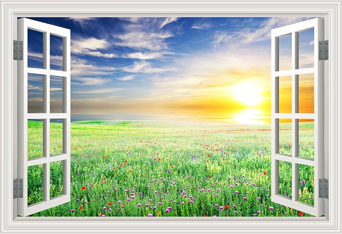 Fake Window Wall Mural Sticker -Summer Green Grassland Open Wall Art Decal | Faux Window Natural Scenery Landscape Decorations｜Stick and Peel Wall Decals｜Room Bedroom Office Decor｜48"x32",Set of 2 Sheet by Clickhere