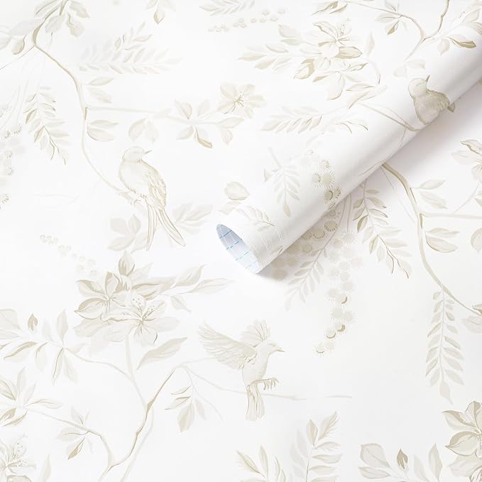 Dimoon 17.3''x197'' Vintage Peel and Stick Wallpaper Boho Beige Neutral Contact Paper White Floral Bird Wallpaper Removable Botanical Renter Friendly Modern Wall Paper Bedroom Bathroom Vinyl Roll by DIYYOURMOON