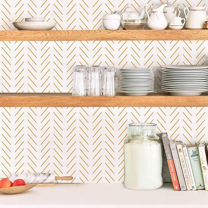 Erfoni Yellow White Peel and Stick Wallpaper Modern Herringbone Wallpaper | 17.7in x 393.7in Geometric Removable Contact Paper Bathroom Peel and Stick Self Adhesive Cabinets Wallpaper Waterproof - Image 8