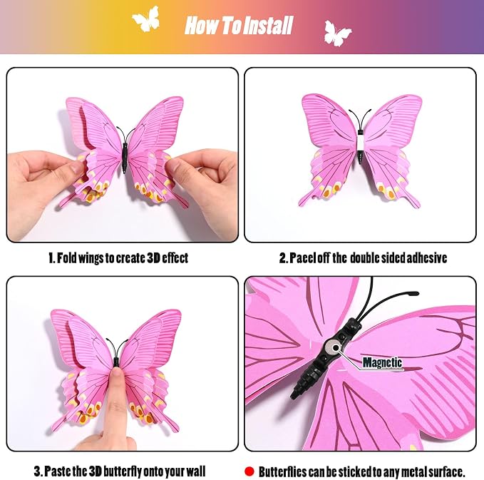 SAOROPEB 3D Butterfly Wall Decor, 72 Pcs Colorful Butterfly Decorations | Double Layer for Party Decorations Locker Decor Refrigerator Decal, Reusable - Image 7