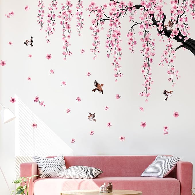 Lilac Wall Decoration 4 Sheets Large Cherry Blossom Tree Wall Stickers | Spring Pink Flower Bird Wall Decals Peel and Stick Wall Murals Decor for Living Room Bedroom (Pink, 11.8 * 35.4inch) - Image 4