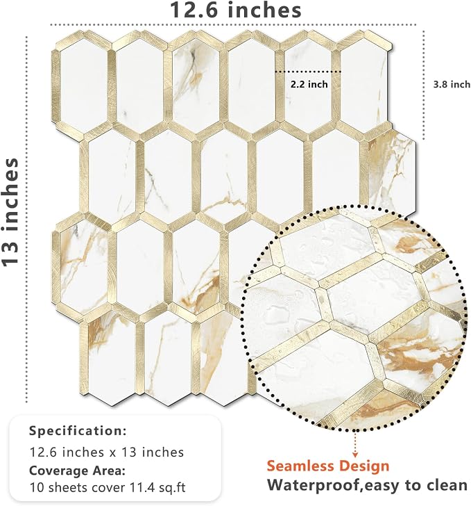 Vamos Tile Long Hexagon Peel and Stick Tile Backsplash - 10 Sheets Stick on Backsplash for Kitchen and Bathroom Calacatta Gold Mixed Metal Light Gold PVC Self Adhesive Mosaic Wall Tiles(Seamless) - Image 5