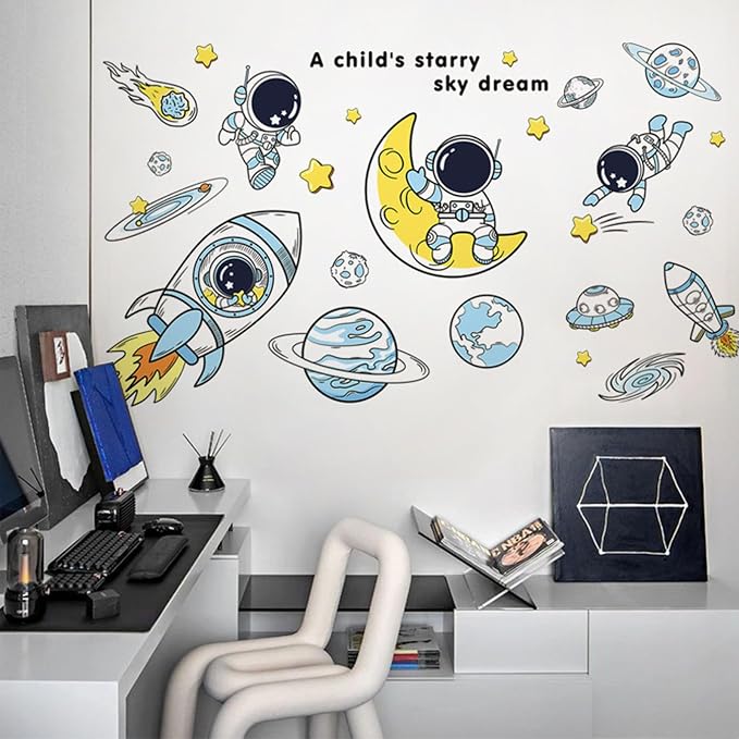 Arawat Space Decor Astronaut Wall Stickers - Space Theme Bedroom Classroom Playroom Murals & Decals - Wall Decals for Boys Girls Room - Outer Space Wallpaper With Planets - Image 2