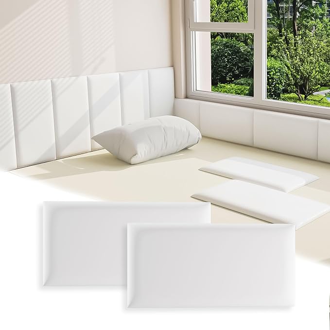 Anti Collision Wall Padding for Kids, Upholstered 3D Wall Panels | 4 Packs 7.8'' x 15.7'' Peel and Stick Headboard, Self Adhesive Wall Pads for Kids, Bedroom, Living Room, White by Umedol