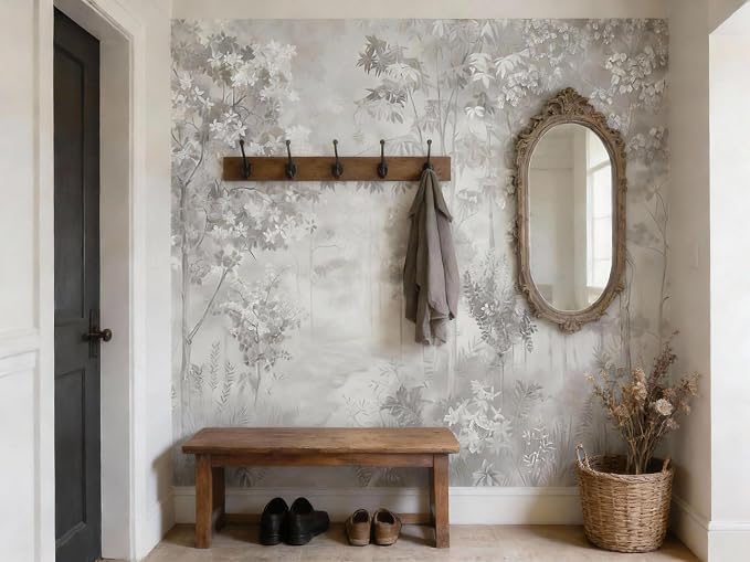 ASJ Forest Peel and Stick Wallpaper Mural, Misty Monochrome Warm Gray | Seamless edge-to-edge match. Sketch tree leaf landscape artwork, 139x94 in, premium fabric, living room bedroom. - Image 4