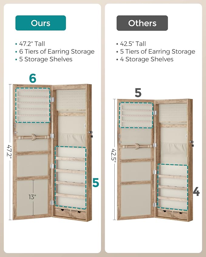 SONGMICS 6 LEDs Mirror Jewelry Cabinet, 47.2-Inch Tall, Lockable - Image 8