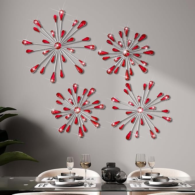 Hicarer 4 Pcs Starburst Wall Decor, Metal Wall Art, Red by Hicarer