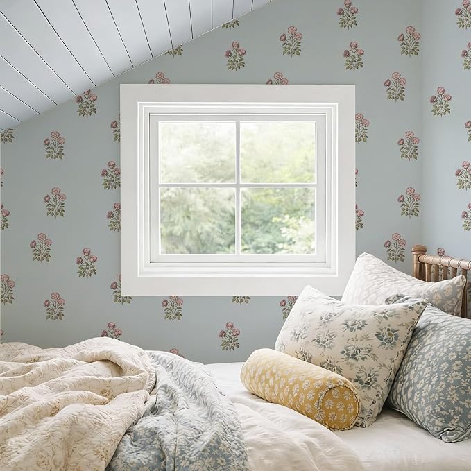 17.3" x 196.8" Vintage Blue Floral Wallpaper Peel and Stick Boho Wallpaper Removable Waterproof Rose Pattern Contact Paper for Bedroom, Bathroom, Home Wall - Image 5