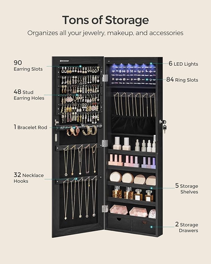 SONGMICS Mirror Jewelry Cabinet Armoire, Wall or Door Mounted, Lockable - Image 4