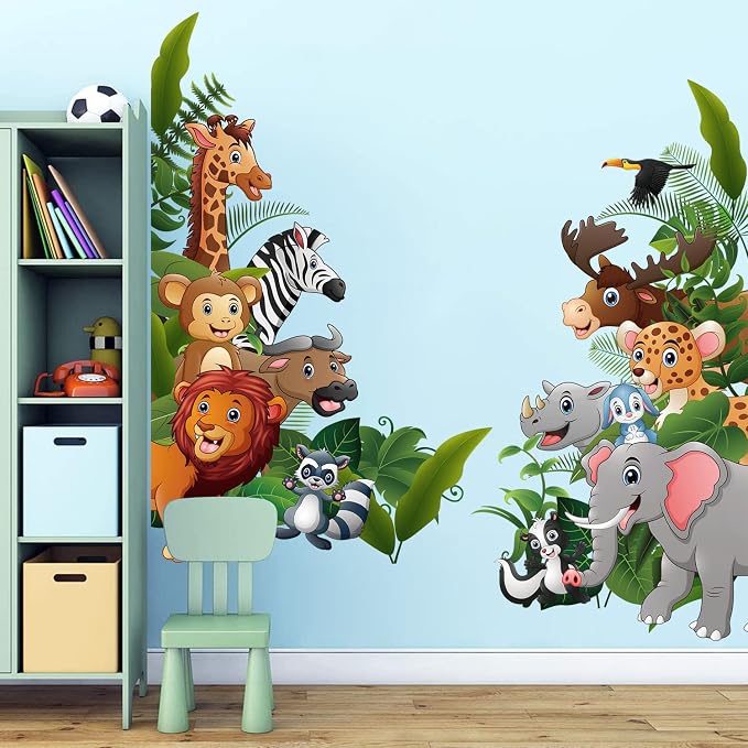 Supzone Jungle Animal Wall Stickers Cartoon Animal Wall Decal Elephant Monkey Giraffe Lion Wall Decor DIY Vinyl Mural Art for Kids Baby Nursery Bedroom Living Room Playroom - Image 2