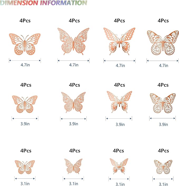 SAOROPEB 3D Butterfly Wall Decor, 48 Pcs 4 Styles 3 Sizes, Removable Metallic Wall Sticker Room Mural Decals for Kids Bedroom Nursery Classroom Party Decoration Wedding Decor DIY Gift (Rose Gold) | 4 Styles 3 Sizes, Removable Metallic Wall Sticker Room... - Image 5