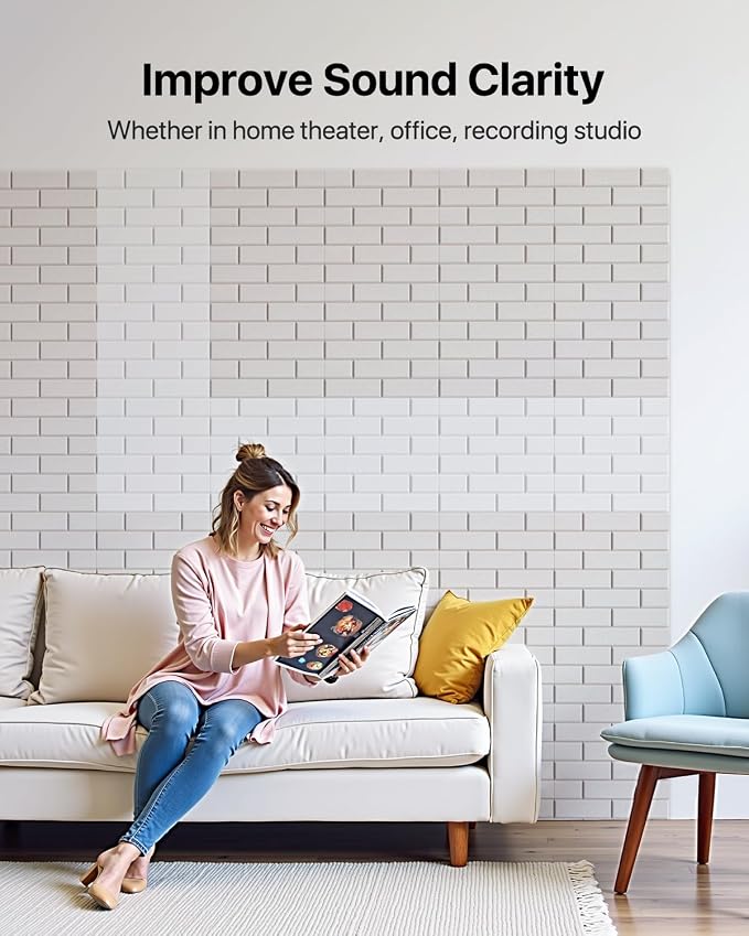 Soundsbay Acoustic Panels Self Adhesive, 12 Pack High Density Sound Proof Foam Panels for Walls, 12" X 12" X 0.4" Soundproof Wall Panels, Brick Acoustic Wall Panels for Home, Ceiling White | Covers 11.6 sq ft, 150kg/m³ High-Density Polyester, Soundproo... - Image 5