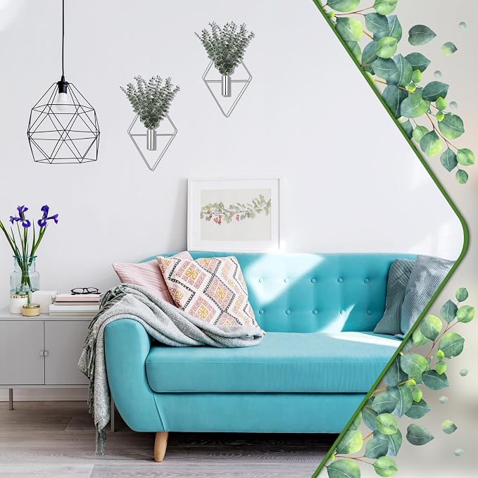 Jexine 4 Pcs Hanging Artificial Planters Wall Decor, Chrome, Eucalyptus | Bathroom Wall Decor, Geometric Metal Vase, Indoor Plants, Living Room, Home Office, Entryway, Boho Accent, Wall Mounted - Image 5