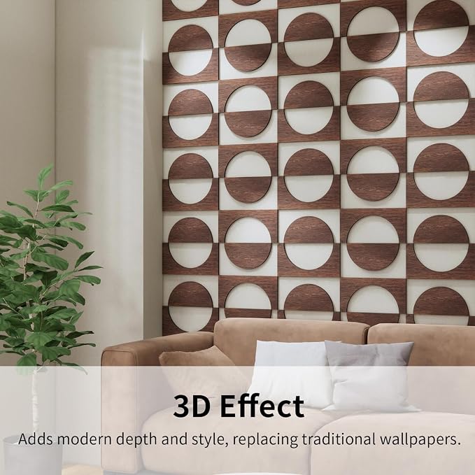 12PCS PVC Modular Decorative Fretwork Wall Panels for Living Room Lobby Bedroom, Half Circle-Walnut Faux Walnut Wood Texture - Image 5