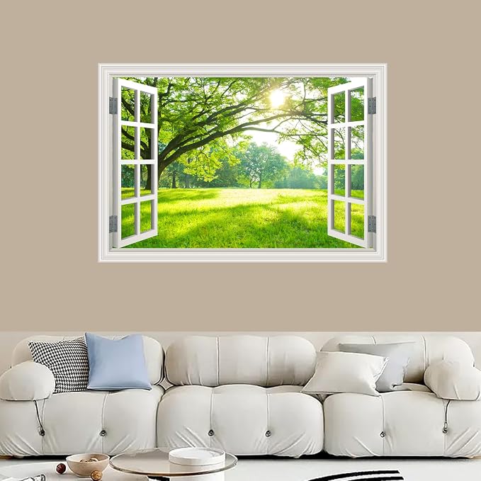 Fake Window Wall Mural Green Forest Tree Wall Art Poster Faux Window Wall Sticker for Office Home Room Decor, Peel and Stick Wall Decals 48" x 32" Set of 2 Sheets - Image 3