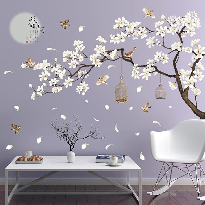 LiveGallery White Peach Blossm Flowers Wall Stickers Chinese Style Tree Branches Wall Decals Removable DIY Ancient Poems Petal Moon Birdcage Wall Art Murals for Girls Bedroom TV Background (Right) - Image 8