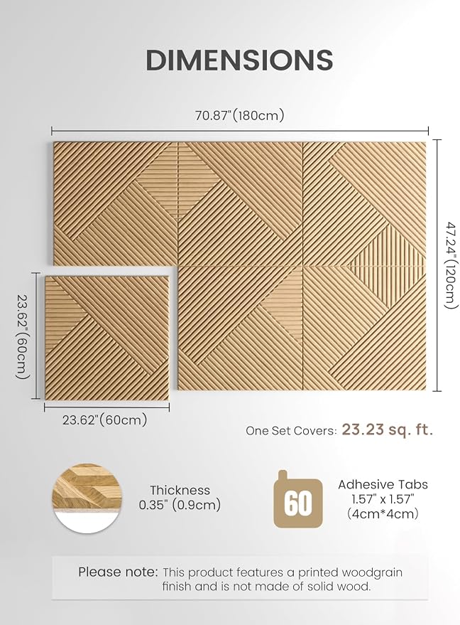 Fluxynara 6-Pack Felt Bulletin Board,Natural Oak Diamond Chevron-1 | 70.87" x 47.24" Cork Board Alternative, Acoustic Wall Panels with 60 Adhesive Tabs for Recording Studios and Home Offices - Image 2