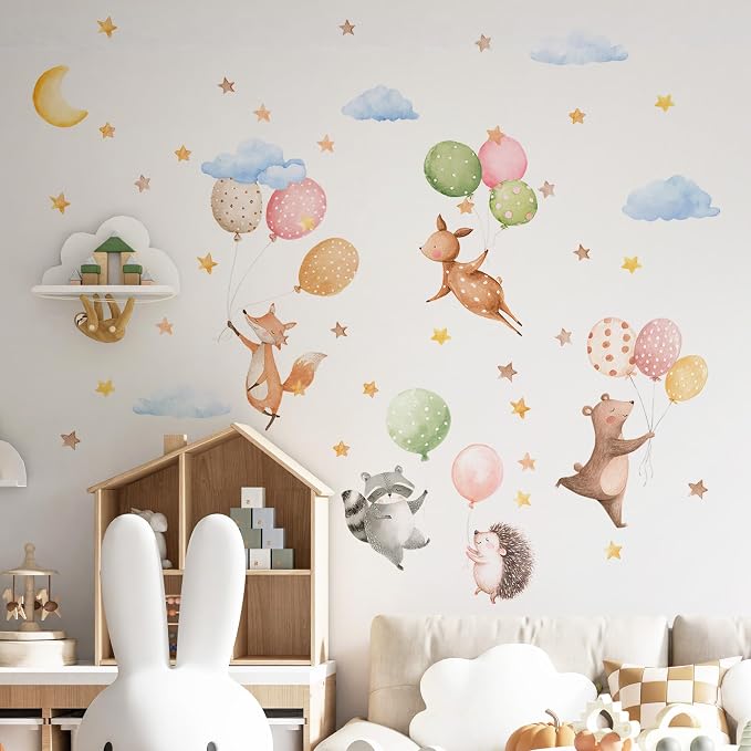 Watercolor Jungle Animal Wall Decal, Removable Nursery Woodland Animals,Cloud,Stars,Balloon Wall Stickers for Kids Boys and Girls Room, Bedroom & Toddler Room Decor (Balloon Animal Decals 84) - Image 3