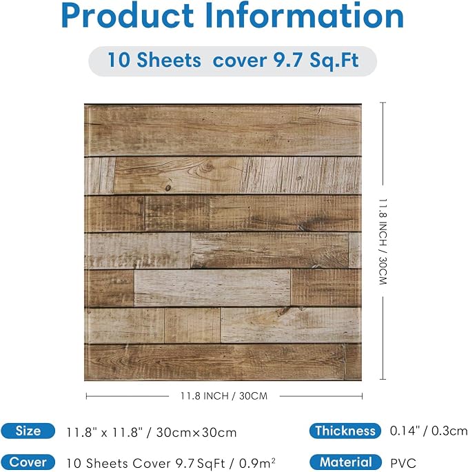 COMSTICKC 3D Faux Wood Wall Sticker Shiplap Peel and Stick, Not Real Wood | 10 Pcs 11.8" x 11.8", Lightweight Self-Adhesive Fake Wood Wall Panels Covering for DIY Wall Upgrades, Cover 9.7 sq ft - Image 3