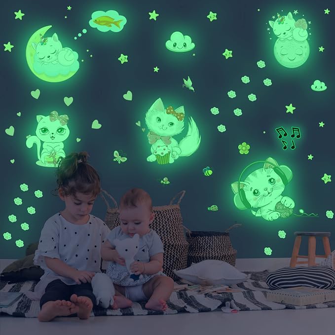 Glow in The Dark Stars for Room,Cats Glowing Wall/Ceiling Decals, Kitten Butterflies Stickers for Kids Bedroom, Clouds Bees Luminous Wall Decor for Boy and Girl Living Room by Robmoda
