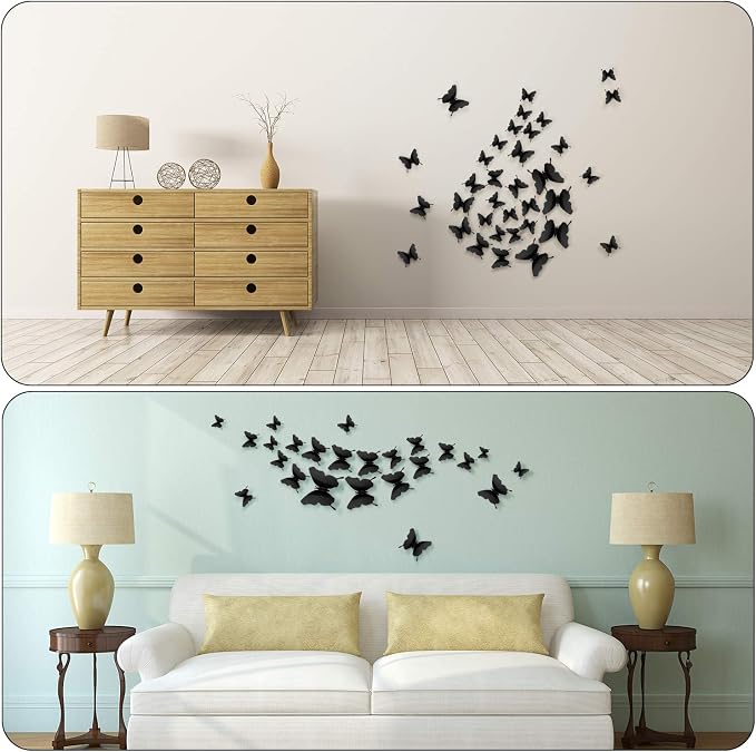 BBTO 48 Pcs 3D Butterfly Mirror Wall Decor,Black | Butterfly Stickers,3 Sizes,for Birthday Party Cake,Room Nursery Bathroom Wall Decor,Removable Peel Stick,Reflective - Image 7